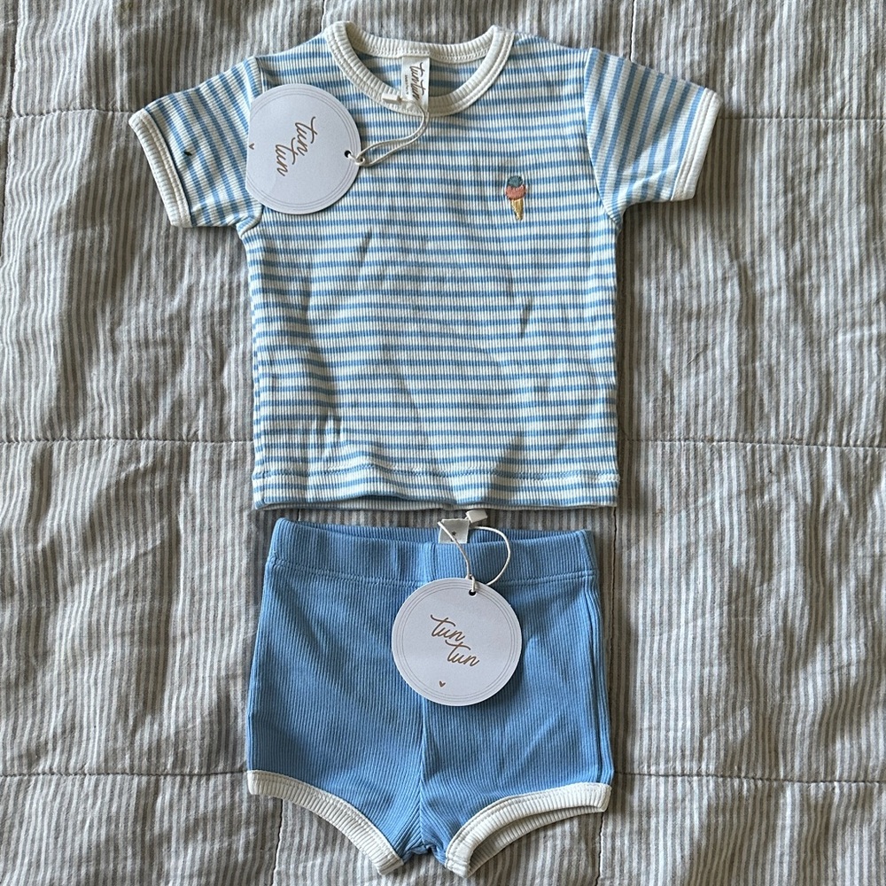 Blue Striped Kids Matching Set with Ice Cream Design 3-6 months